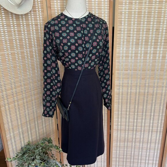 Vintage Navy Floral Button-Up Long Sleeve Blouse - Picture 9 of 9